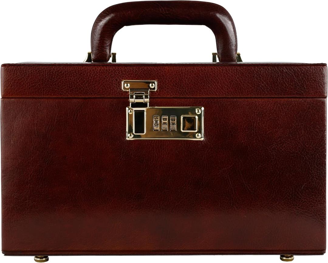 Time Resistance Leather Jewelry Box - Full Grain Leather Organizer, Accessories Storage with Key Lock for Women (Brown) (Unknown password)