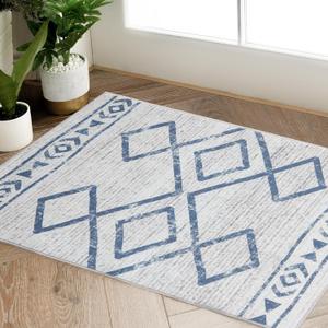 Jinchan Moroccan 2x3 Rug for Entryway - Machine Washable Rug Modern Geometric Kitchen Soft Faux Wool Non-Slip Indoor Doormat Ultra-Thin Carpet for Entrance Bathroom Bedroom Living Room (2x3ft, Blue)