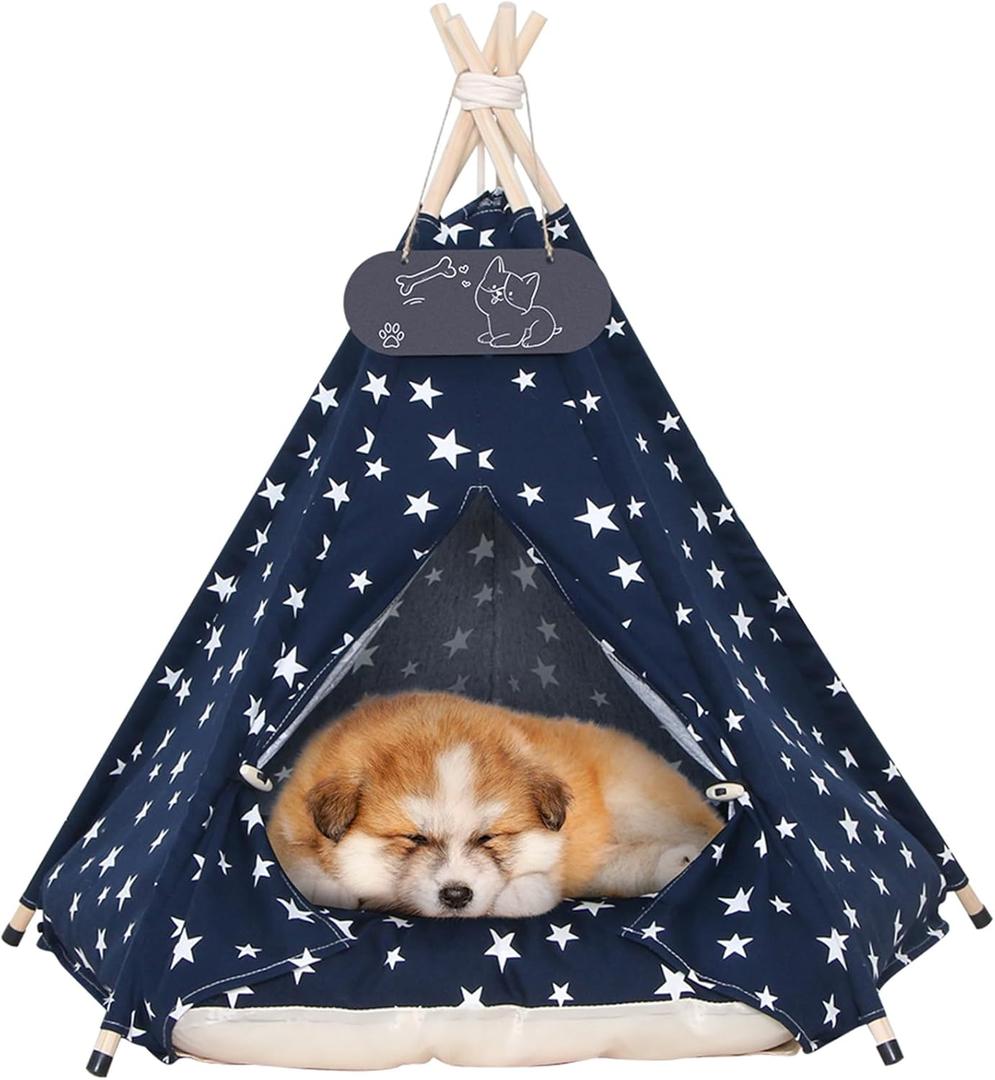 Pet Teepee Tent for Dogs & Cats Dog Bed with Thick Cushion Puppies Play House Removable and Washable Navy Star