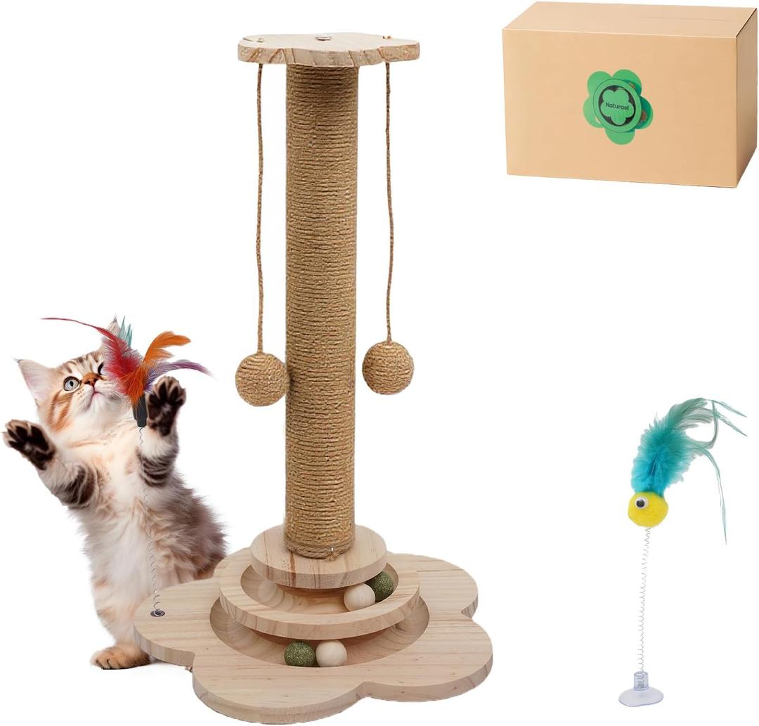 4-in-1 Wooden Cat Scratcher Toy,Cat Scratching Post&2-Level Track Tower With 8 Balls&2 Sisal Ball&2 Cat Wand Toy,Indoor Cat Activity Center For Cats Of All Ages And Body Types (11.8"L x 11.8"W x 19"H)