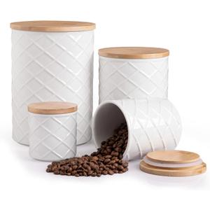 Sweejar Ceramic Canisters Sets for Kitchen Countertop, Relief Food Storage Jar with Bamboo Lid, Stackable Container for Flour, Coffee, Pasta, Cereal, Tea, Cookies, Sugar, Spices, Pack of 4 (White)