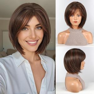 HAIRCUBE Bob Wigs for Women Synthetic Wig with Fringe Brown with highlight Color