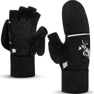 EZPACE Convertible Running Mittens for Women Cold Weather Fingerless Gloves Warm for Winter (Medium-Large, Black)