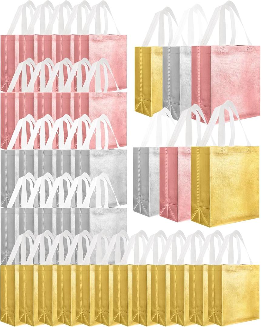 Eccliy 80 Pieces Gift Bags Set Reusable Glossy Grocery Gift Tote with Handle for Easter, Wedding, Spring Events, Graduation(10 x 8 x 4.7 Inch,Rose Gold, Gold, Silver) (Medium)