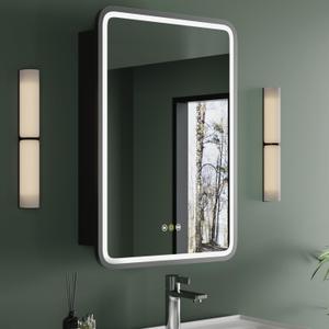 Medicine Cabinet with LED Lights and Mirror, 20W x 28H Inch Wall or Recessed Mounted Bathroom Cabinet with Right Hinge, Storage Shelf, Defogger, Memory Function, 3-Color Mode, Dimmer, Black