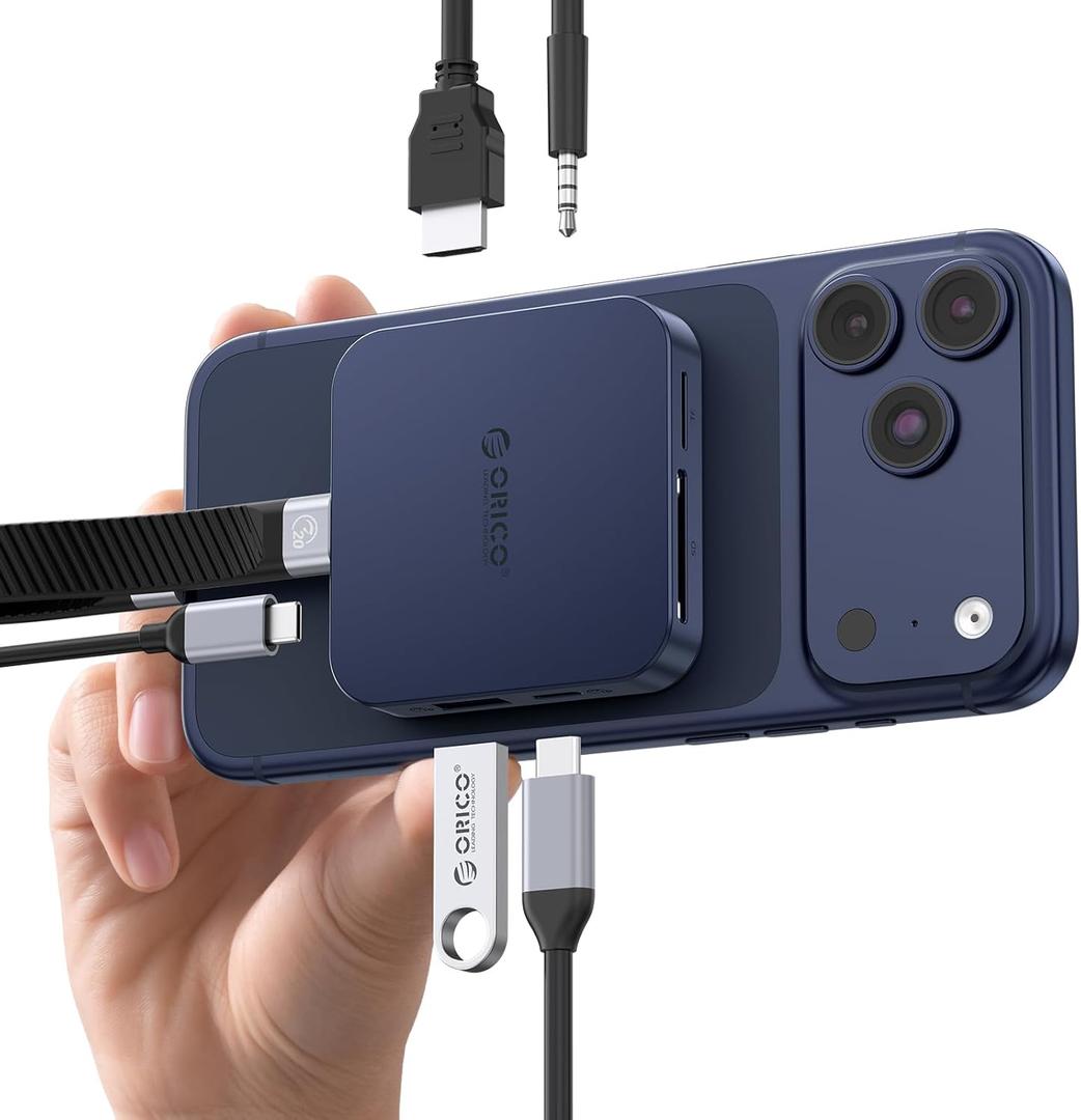 ORICO 10Gbps Magnetic M.2 Docking Station, 8-in-1 USB C HUB & M.2 2230 NVMe Enclosure with HDMI 4K@60Hz,SD/TF, USB-A&C 3.2, 100W PD, AUX, USBC Dock for iPhone 17/16/15 Pro/Pro Max