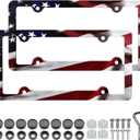 LIN KANG American Flag License Plate Frame Holder - 2 Pack Patriotic Universal Aluminum Matte Stripe US Flag Gloss Car Plate Frame Covers with 4 Holes and Screws Fasteners Caps