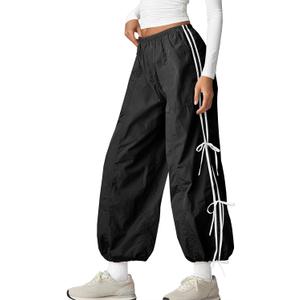 Fisoew Womens Wide Leg Track Pants Casual Elastic Waist Bow Tie Y2K Baggy Sweatpants with Pockets Black (Black, S)