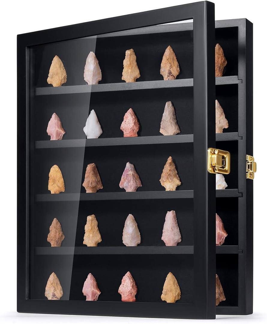 TJ.MOREE Rock Display Case Black, Native American Arrowhead Display Case, Shadow Box Wall Mount for Crystal, Knife Display