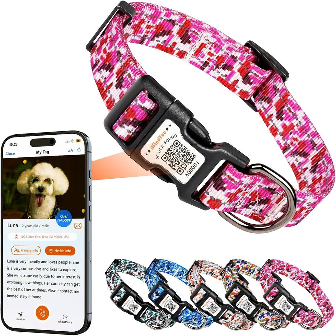 2 x Reflective Dog Collar, Personalized Dog Collars with QR Code Buckle, Soft Nylon Pet Collar Adjustable for Small Dogs, Camo Rose Red S