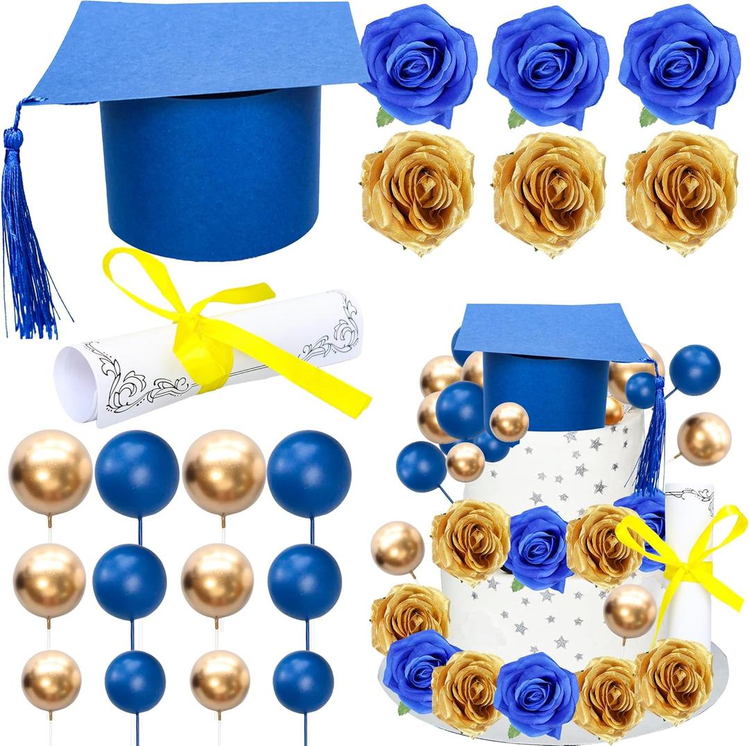 Gyufise 40Pcs 2025 Graduation Cake Topper Decoration Diploma Done Diploma Grad Cap Cake Pick Balloon Flower Prom 2025 Cake Decorations for Class of 2025 Congrats Grad Party Supplies Blue Gold