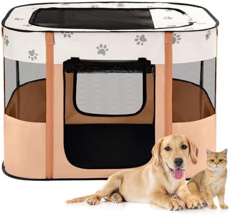 Avont Portable Dog Cat Playpen, Foldable Pop Up Pet Play Pen Travel Crate with Floor and Mesh Door Top for Indoor Outdoor Collapsible Tent Cage -L, Orange