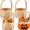 Boao 4 Pcs Small Round Natural Wicker Basket with Handle, Woodchip Wooden Decorative Storage Fall Wooden DIY Gifts, Candy Woven Basket for Home Decor Picnic Storage Halloween Trick or Treat