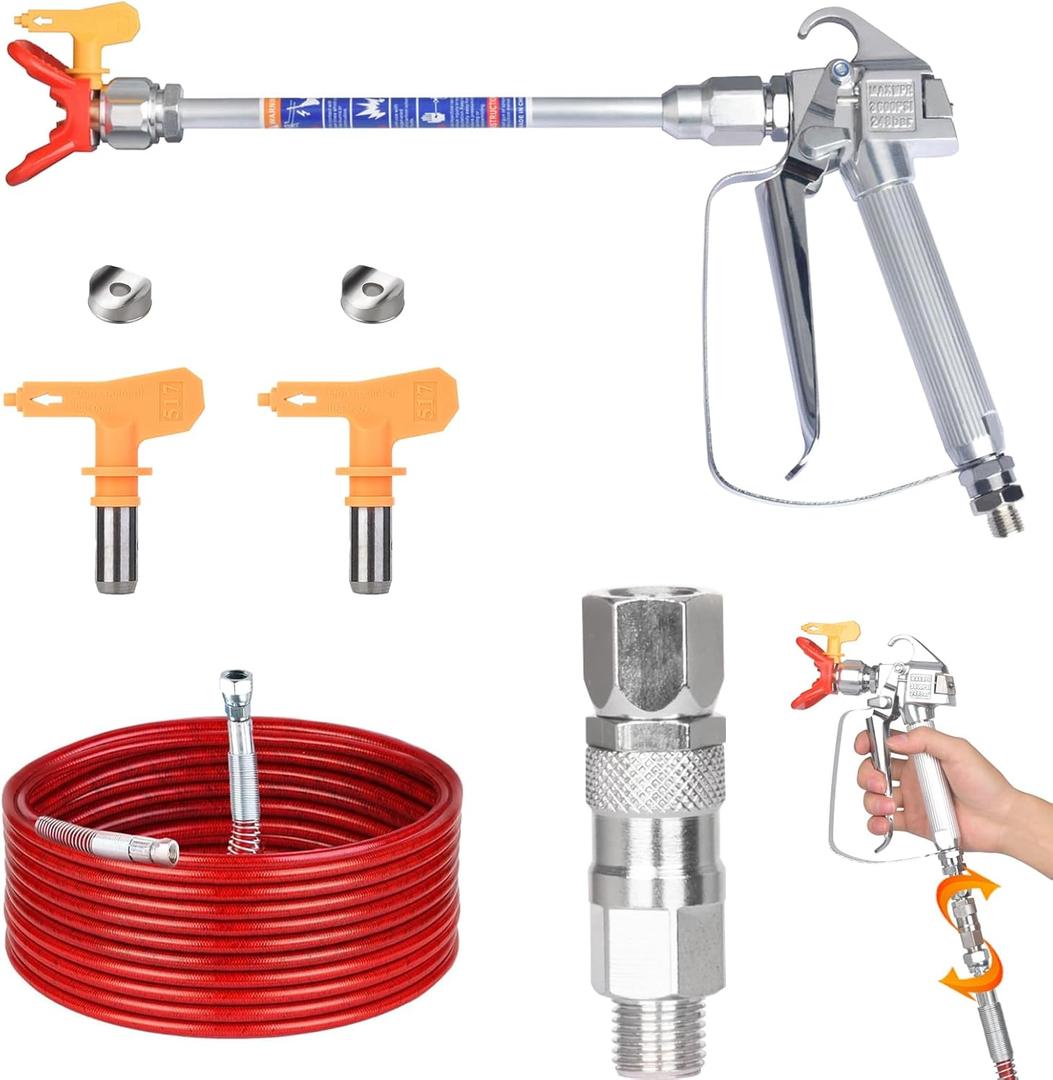 Airless Paint Spray and 50 Feet Airless Hose Kit (Red) with 10 Inch Spray Extension Pole, A 360 Swivel Joint and Two 517 Tips for Titan Graco Sprayers.(JW-122533)
