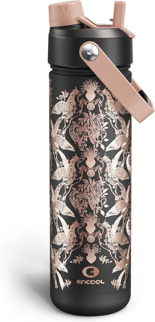 ENCOOL Insulated Water Bottle with Straw Stainless Steel Water Bottle, Leak-Proof, BPA-Free, Double Wall Vacuum Keeps Cold for 24 Hours for Sports, Travel, School (26 oz, Golden Aviary)