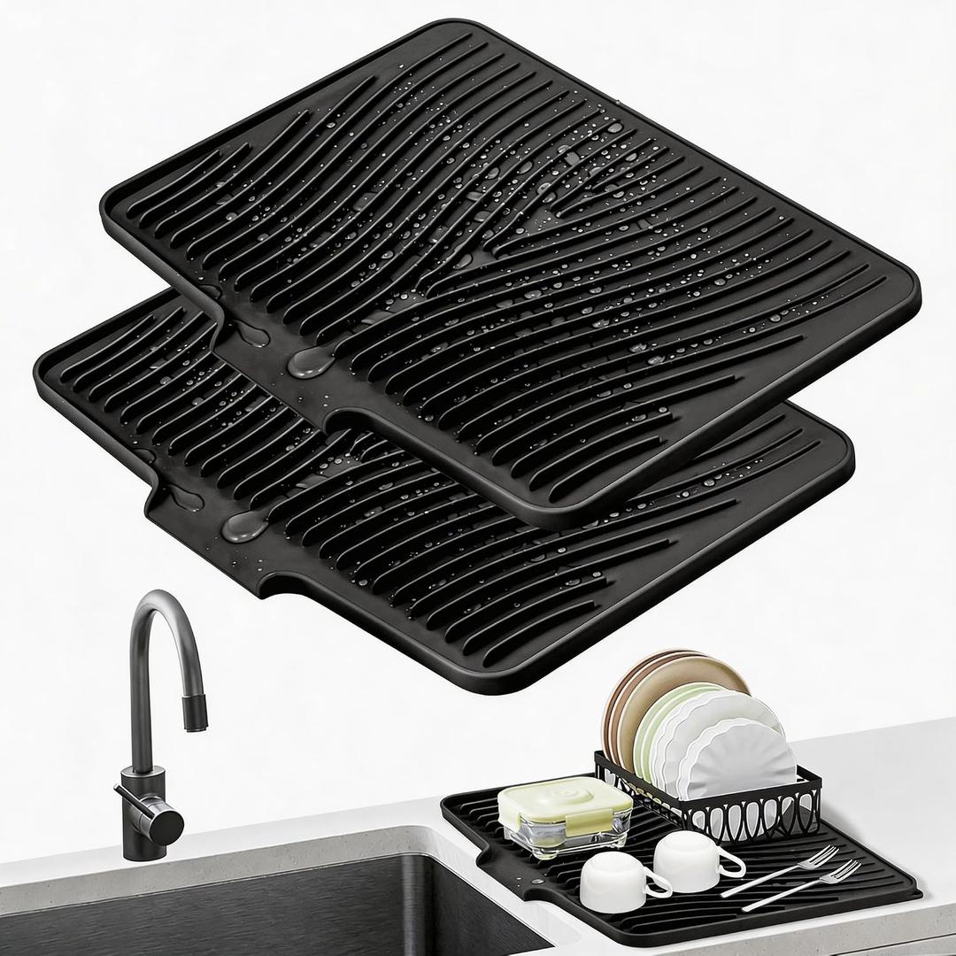TIKNIK Silicone Dish Drying Mat, Stone Drying Mat for Kitchen Counter with Built-In Drain, Non-Slip Drain Pad with Built-in Drain, Heat Resistant Stone Drying Mat, Hangable, Black-2pcs, 20" x 15"