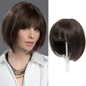 UDU Short Bob Hair Topper for Women with Thinning Hair - Realistic Synthetic Wiglet with Bangs - Natural Look Clip in Top Hairpiece for Volume and Coverage (Dark Brown Mixed)
