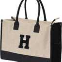 ESVAN Personalized Gifts Canvas Tote Linen Bags Handbags Top Zipper Closure Initial Retro Utility Tote