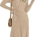 ZESICA Women's Spring Long Sleeve Wrap V Neck Ribbed Knit Pleated A Line Pullover Sweater Dress with Belt, M