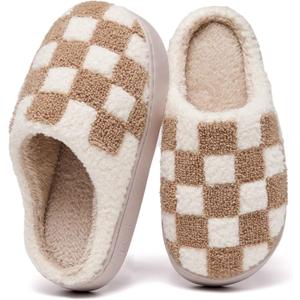 Checkered Girls House Slippers,Comfort,Wool-Like Plush Fleece Lined,in Winter Keep Warm,Slip-On for indoor (12-13 Little Kid, Beige)
