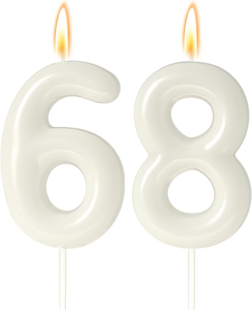 68 Candles 68th Birthday Decorations for Womens, White 68 Candle for Beige Birthday Decorations, 68 Cake Topper for 68 Year Old Women Cream Birthday Party Decor Party Supplies Favors(Number 68 Candle)