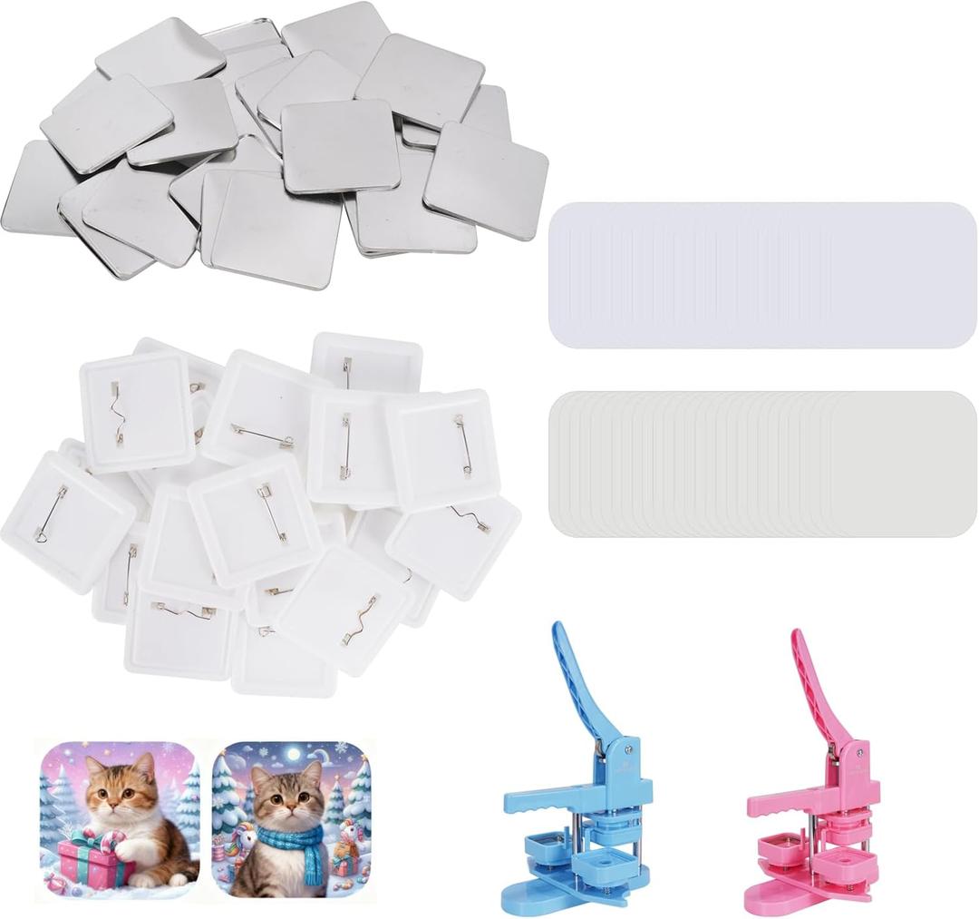 50sets Square Button Parts for Mecolour Square Button Maker Machine 2 * 2inch(50 * 50mm), Metal Button Parts, Includes Metal Cover, Button Back Cover, Clear Film&Blank Paper