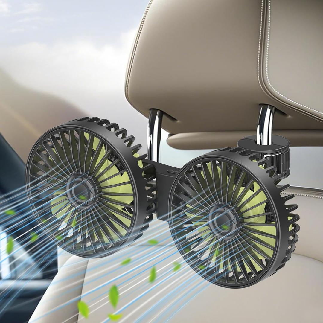 Car Fan for Backseat, Dual Head USB Vehicle Seat Fans, 3 Speeds Strong Wind 360 Rotatable Auto Rear Headrest Fan for Car, Air Circulation Automotive Fans with Adjustable Clip for All Models (Green)
