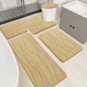 YIHOUSE Memory Foam Beige Bathroom Rug Sets 5 Piece, Ultra Absorbent Bath Mat for Bathroom - Non-Slip Machine Washable & Dry Quickly, 5 Piece Bathroom Mat Set, Beige (1'8" x 3'10" (Rectangular))