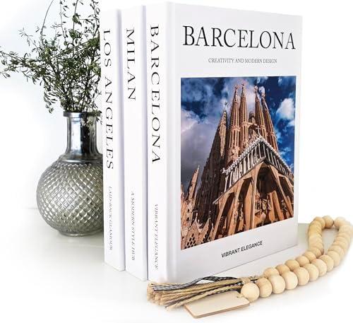 Decorative Books for Home Decor – Coffee Table Book Set of 3 (Barcelona, Milan, Los Angeles) – Blank Hardcover Display Books for Stacking, Journaling & Shelf Styling – Elegant Neutral Room Decor