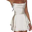 LuFeng Women's Elegant Satin A-line Summer Sleevesless Rompers Bandage Back Spaghetti Strape Tiered Mini Dress Jumpsuits (White, S)