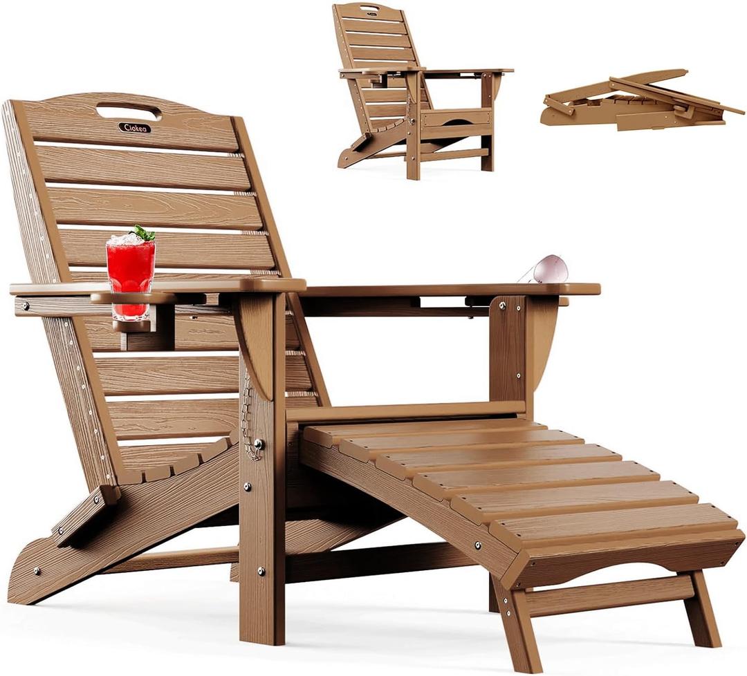Ciokea Folding Adirondack Chair with Retractable Ottoman Fire Pit Patio Chair with Pull Out Foot Rest Weather Resistant Lawn Outdoor Lounge Chair with 2 Cup Holder (Teak)