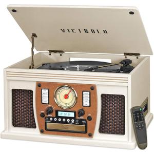 Victrola Navigator 8-in-1 Bluetooth Record Player with Built-in Speakers  3 Speed Turntable, CD Player, Cassette, FM Radio, USB, RCA Out, Headphone Jack, Wireless Music Streaming, Real Wood (White)