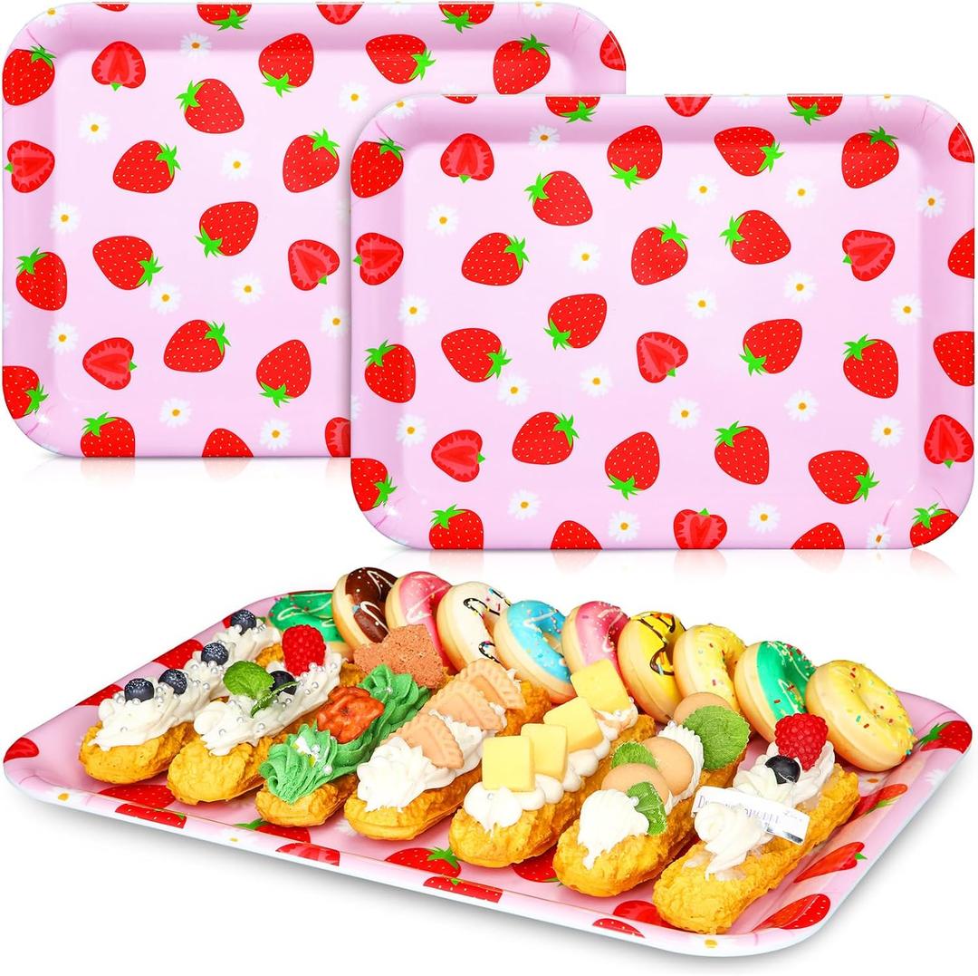 3 x RattanView 3 Pcs Strawberry Trays Strawberry Birthday Party Decoration Plastic Serving Trays pink Platter Pink Reusable Plates 13 x 10 Inch Berry Sweet One Birthday Party Supplies