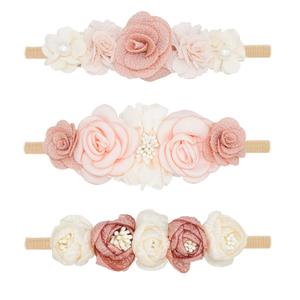 Baby Girl Flower Headbands Set, 3pcs Elastic Nylon Floral Hair Band, Bows Wrap for Infant Newborn Toddler