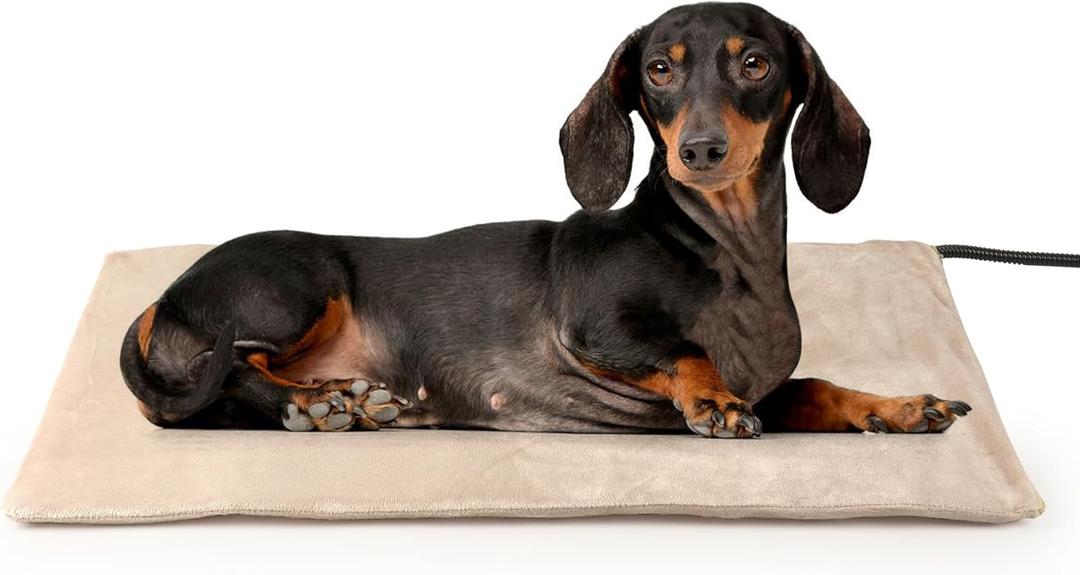 NICREW Pet Heating Pad for Dogs and Cats, Heated Dog Bed with Steel-Wrapped Cord and Soft Fleece Cover, 27.5 x 15.7 Inches, 50 Watts (Khaki)