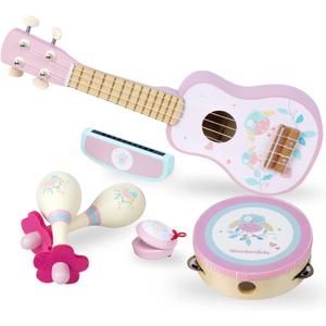 Kids Guitar for Girls, Wooden Musical Instruments Toys with Ukulele, Tambourine, Maracas, Harmonica, Mini Band Sets for Toddlers 2 3 Years Old Birthday Gift (Pink for Girls)