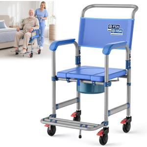 4-in-1 Bedside Commode with Wheels, Heavy Duty Shower Chair, 330LBS Capacity, 360° Lockable Casters, 18.9" Wide Seat, Detachable 6L Bucket, Portable Toilet for Elderly and Disabled