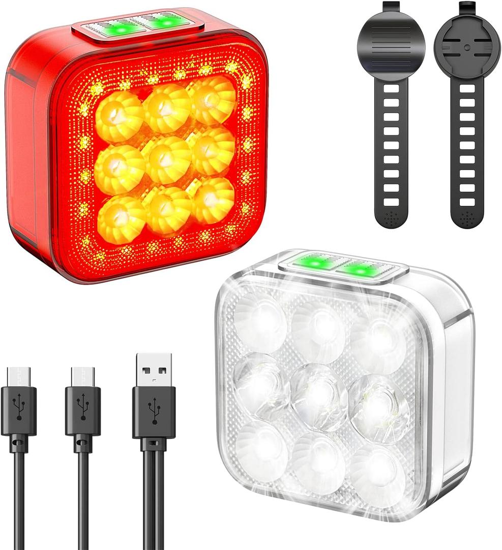 Bike Lights Front and Back Rechargeable USB-C, Waterproof Bike Headlight and Tail Light Set, 6x6 Modes, 60 Hrs Runtime, White + Red