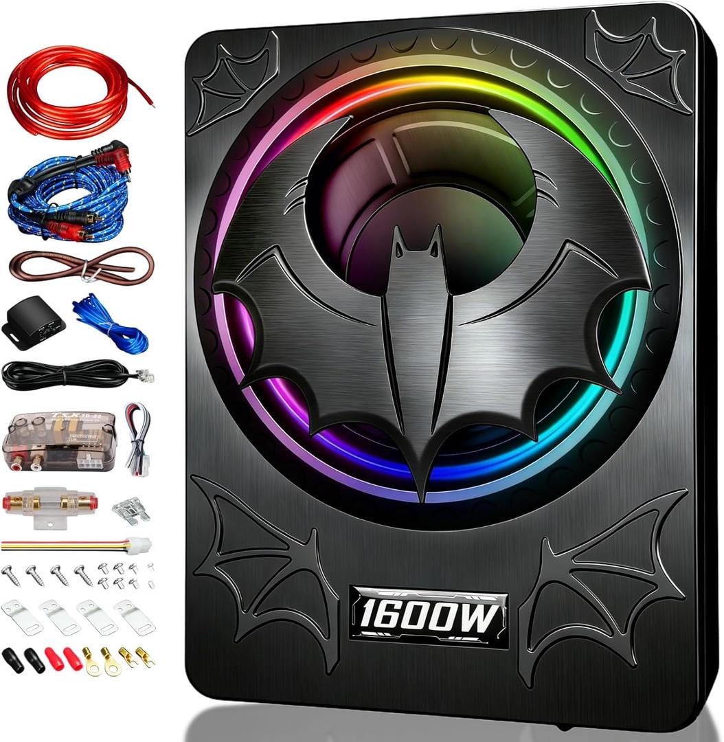 1600W Slim Underseat Subwoofer with Built-in Amp 10 Inch Sub | RGB Ambient Lighting, LPF/Gain/Bass Boost Controls, Individual Controls, Distortion-Free Deep Bass | Universal Fit for All Car