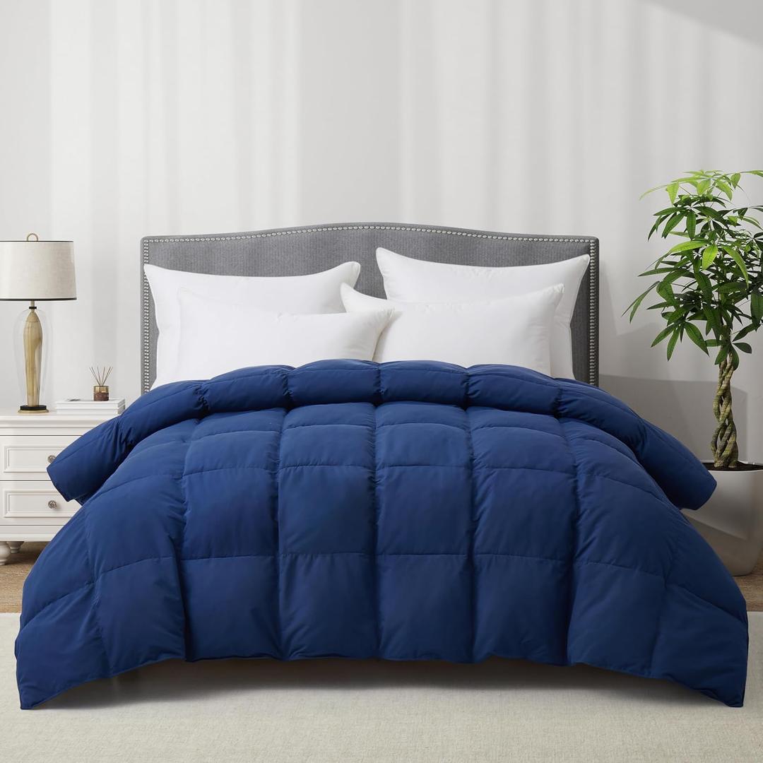Luxury Goose Feather Down Fiber Comforter Queen Size, 300TC Blue Cotton Blended Duvet Insert, All Season Hotel Bedding Alternative Down Comforter with Corner Tabs (Blue, Queen)