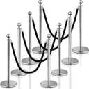 Ferraycle 8 Pcs Crowd Control Stanchions and Velvet Ropes 5 ft Poles Silver Crowd Control Barriers Black Ropes Stainless Steel Stanchions Post for Party Supplies
