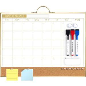 ARCOBIS Dry Erase Calendar with Cork Board for Wall, 12"x16" Double-Sided Calendar Whiteboard & White Board with Gold Frame, Magnetic Monthly Planning Board for Home, Office, School