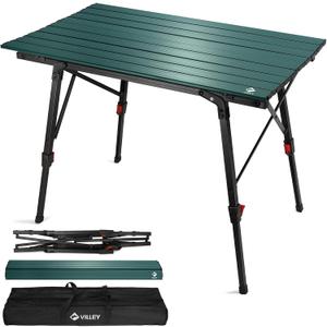 VILLEY Portable Camping Table with Adjustable Legs, Lightweight Aluminum Folding Beach Table with Carrying Bag for Outdoor Cooking, Picnic, Beach, Backyards, BBQ and Party (Green)