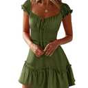YOBECHO Womens Summer Ruffle Dress High Waist Solid Color Sweetheart Neck Mini Dress Small