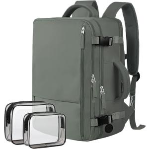 Hanples Travel Backpack as Personal Item Travel bag Flight Approved, 35L Carry on Backpack, 17 Inch Laptop Backpack, Waterproof Backpack, Casual Bag with 2 Toiletry Bags (Olive Green)