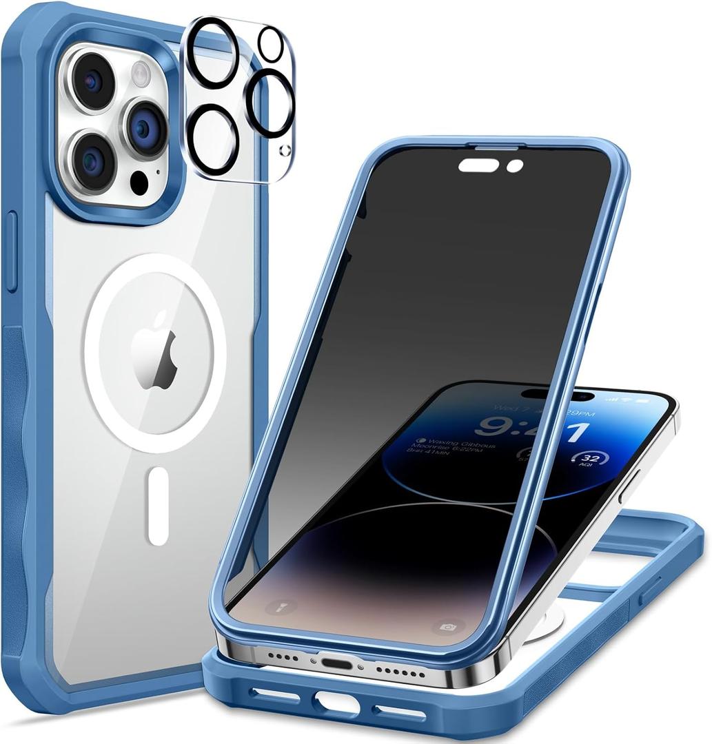 seacosmo for iPhone 14 Pro Max Case, Full Body Bumper with Built-in 9H Tempered Glass Privacy Screen Protector and Camera Lens Protector, Compatible with MagSafe, Shockproof Phone Case, 6.7", Blue