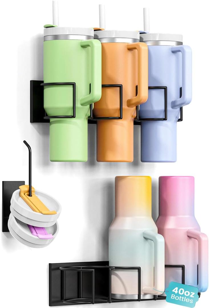 Magnetic Stanley Cup Holder for Refrigerator, Water Bottle Organizer with 2 Holders & 1 Lid Rack for Stanley 40 oz, Tumbler Lid Organizer for Stanley Cup Accessories, Ideal for Gifts