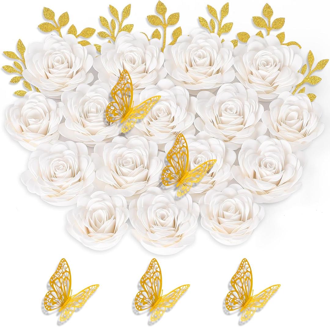 Mverse Paper Flowers for Graduation Cap Decoration Kit, Small Roses Flores for Crafts, 3D Flores for Shadow Box Projects (White)