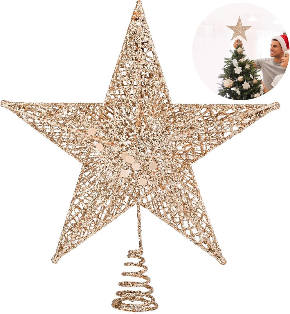 Fovths Christmas Tree Topper 8 Inches Metal Glittered Christmas Tree Topper Wire Star Treetop Sparkle Xmas Decoration for Christmas Tree Ornament Indoor New Year Holiday Party Supplies (Rose Gold)