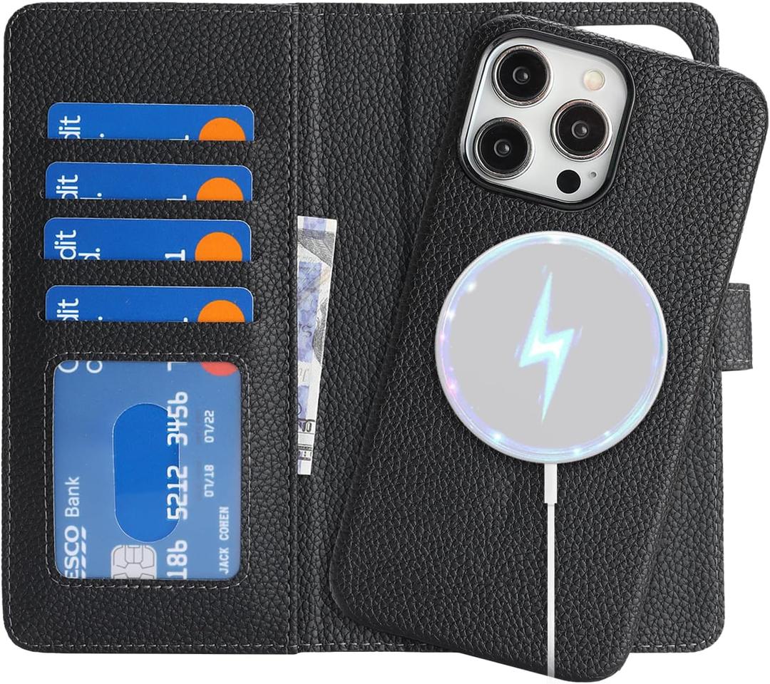 Zouzt for iPhone 15 Pro Max Case Detachable Wallet Case with 4 Card Slot, Card Holder Magnetic 2 in 1 Premium PU Leather Flip Folio Kickstand Shockproof Phone Cover 6.7 Inch New - Black